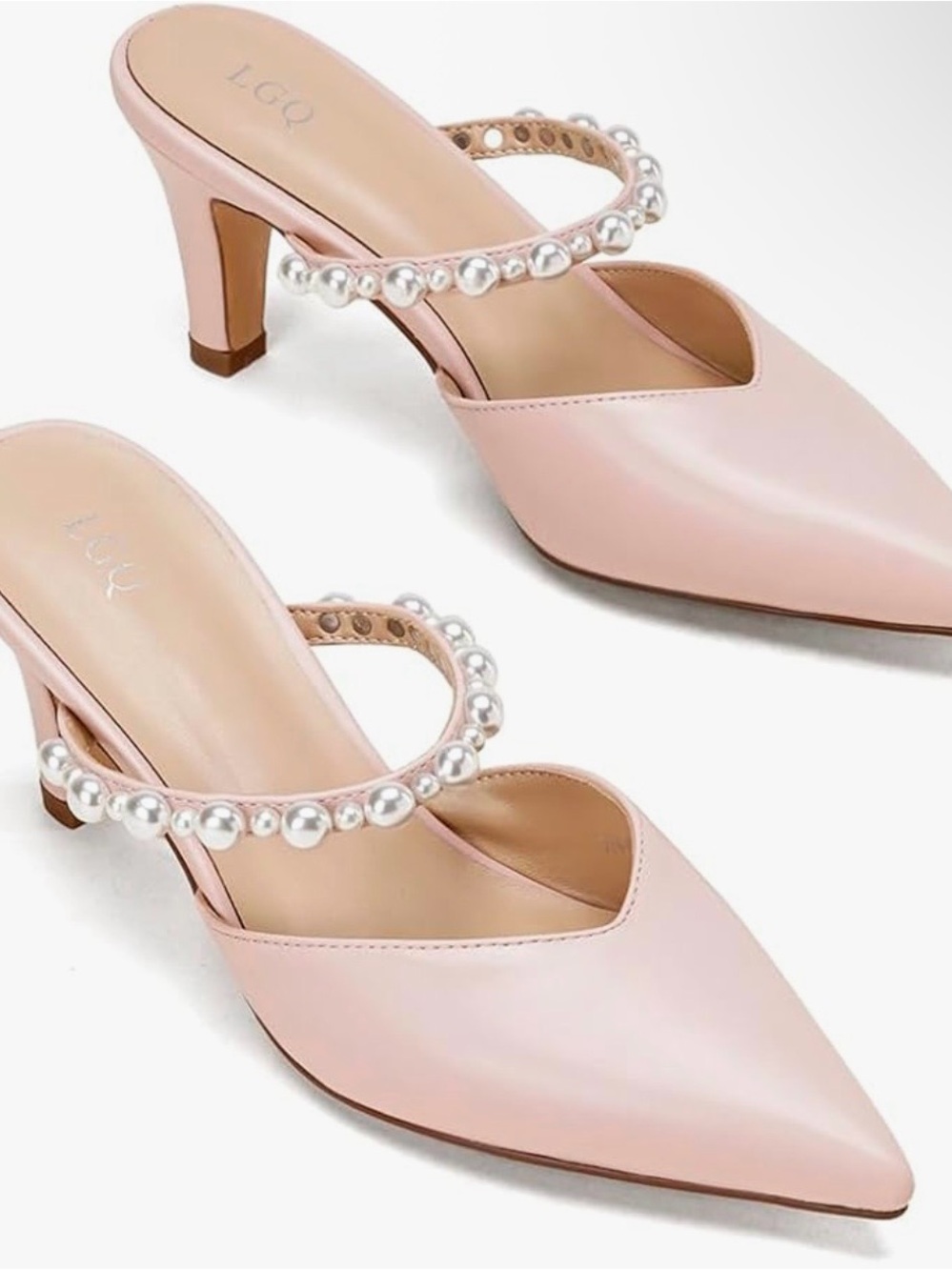 Pink Pearl-Strap Pointed Toe Mules